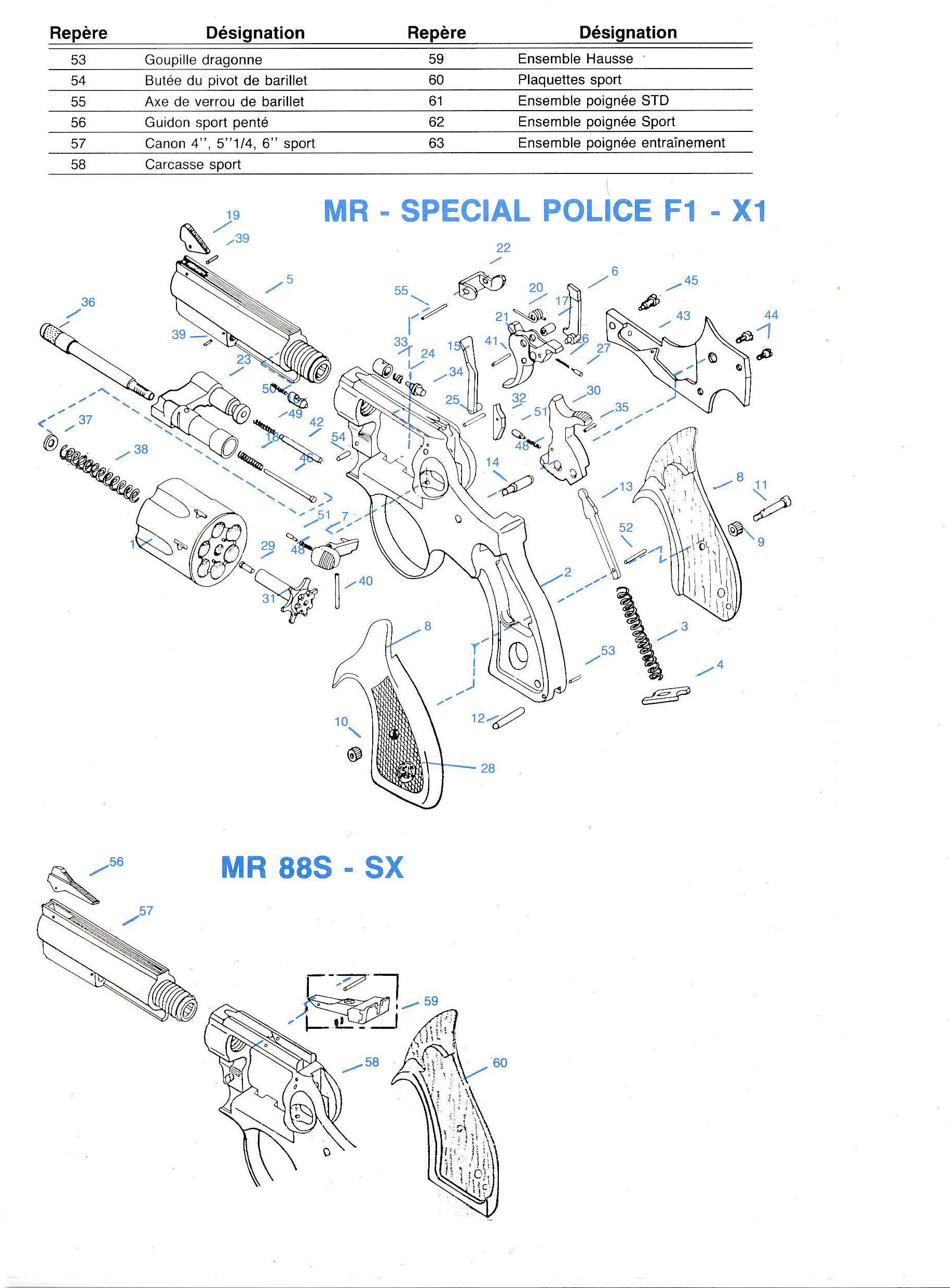 Manurhin MR88 - FX - Police calibre 38SP - 357 Magnum Pièces détachées - éclaté