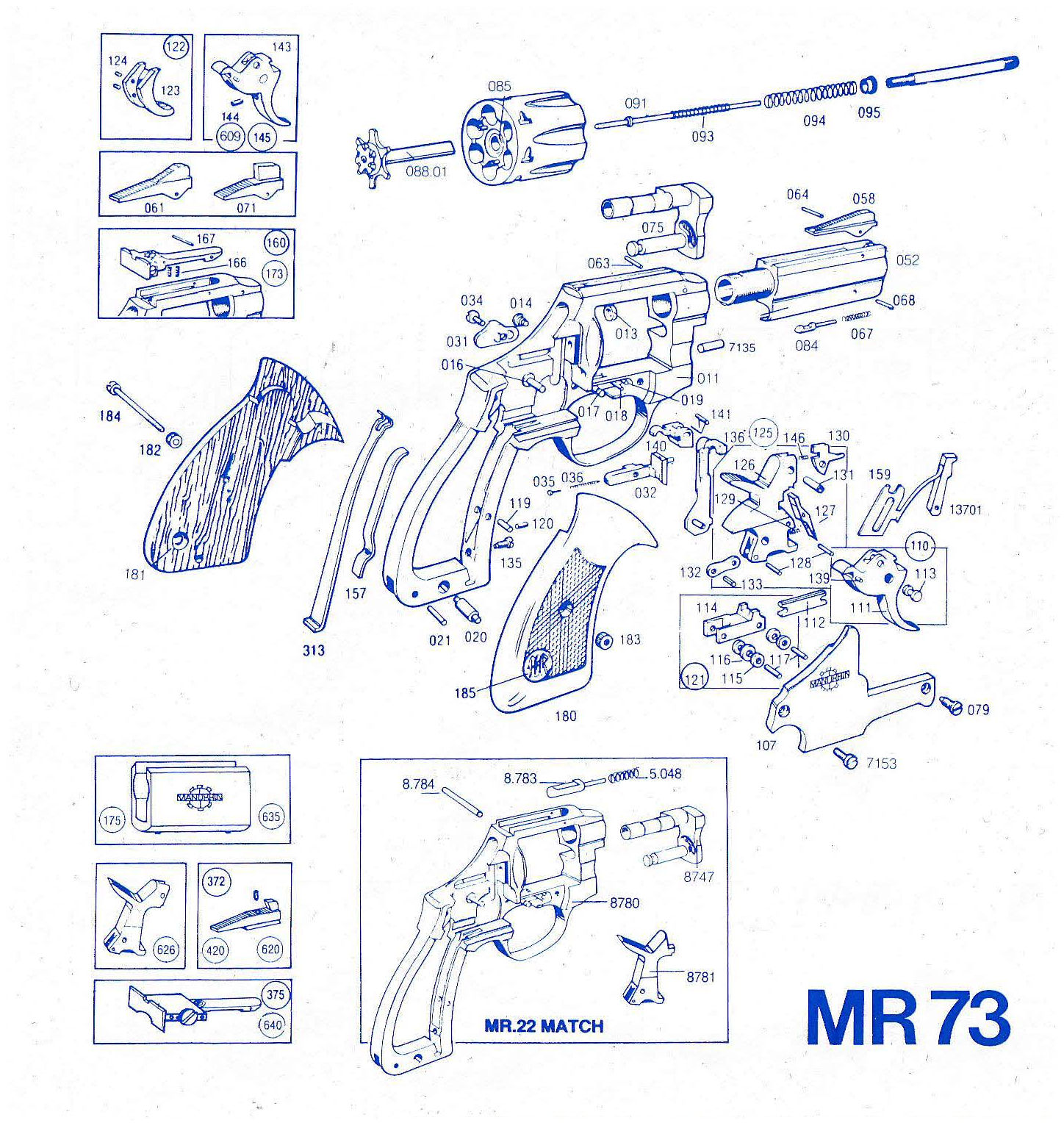 Manurhin MR73 calibre 38SP - 357 Magnum  Pièces détachées - éclaté